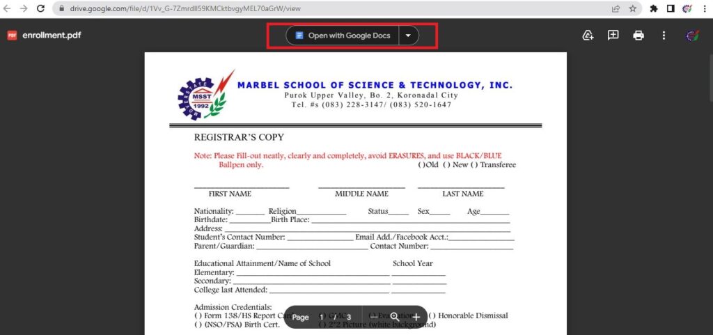 2ND CLICK "OPEN WITH GOOGLE DOCS"